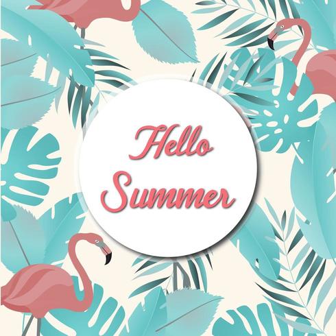 summer pattern with leaves and pink flamingos vector