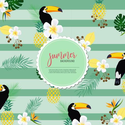 Striped summer pattern with toucans, pineapples and foliage vector