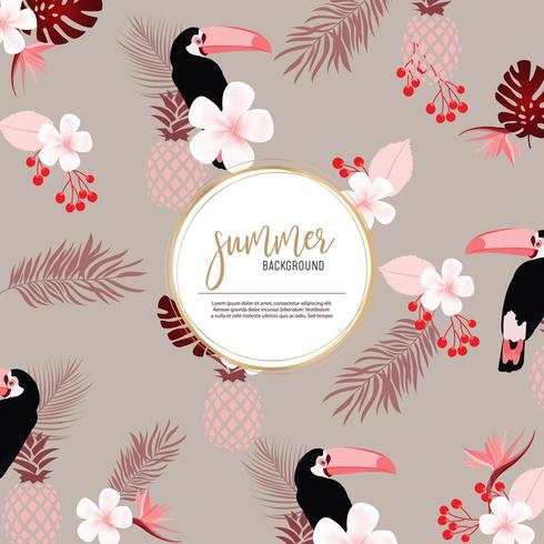 Summer pattern with toucans, pineapples and foliage vector
