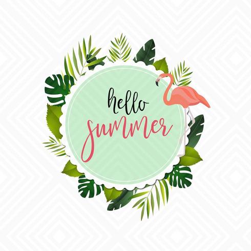 hello summer frame with leaves and pink flamingo vector