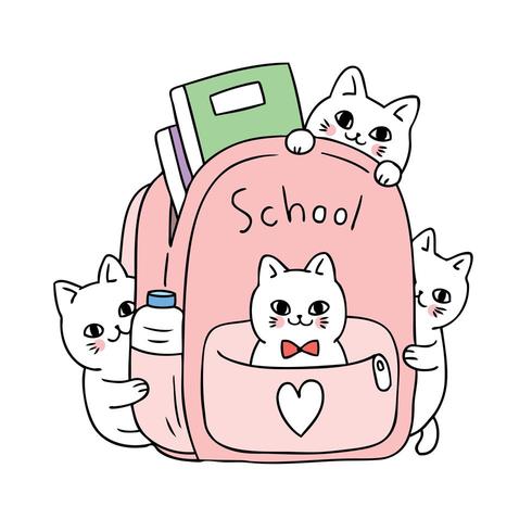 Dibujos animados lindo regreso a la escuela gato en bolsa vector. vector