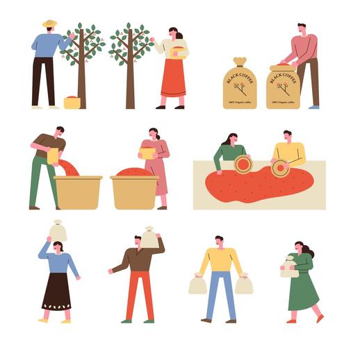 Set of working coffee farmers vector