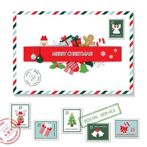 Conjunto de sobres navideños y sellos postales vector