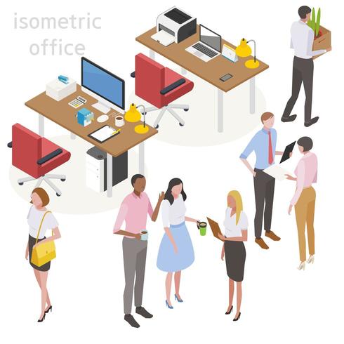 Isometric design of desks with office staff and office supplies vector