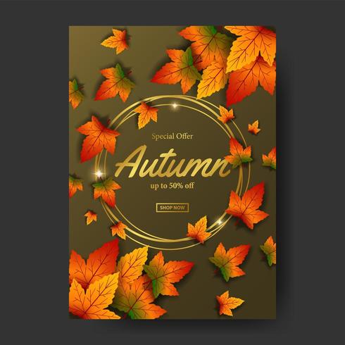 Plantilla de evento de promoción de cartel de oferta de venta de hojas de otoño con círculo de oro vector