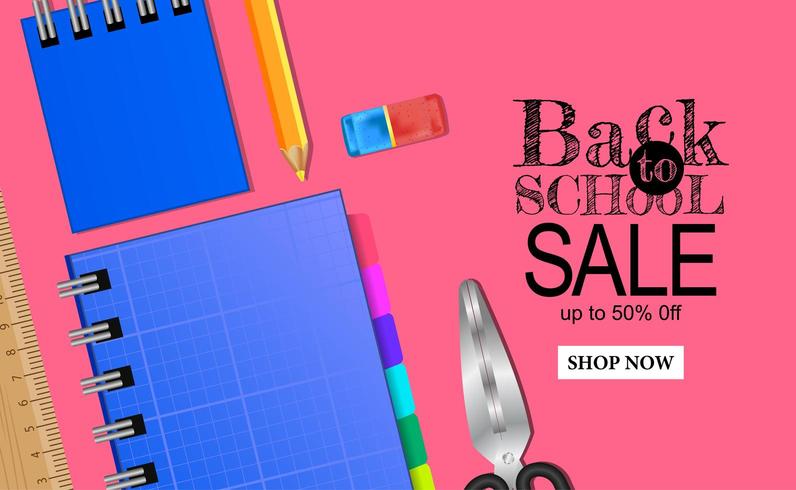 Welcome back to school sale banner template with stationary on pink background vector