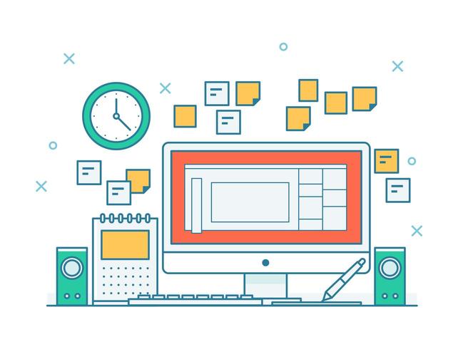 Desk setting with computer in outline style vector