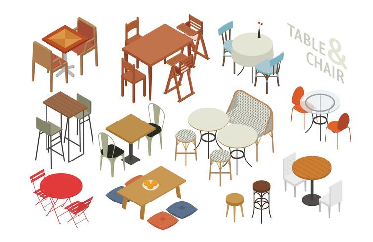 Set of isometric chairs and tables in various styles. vector