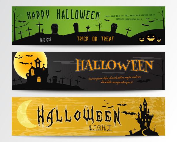 Tres pancartas de Halloween. Diseños verdes, oscuros y naranjas. vector