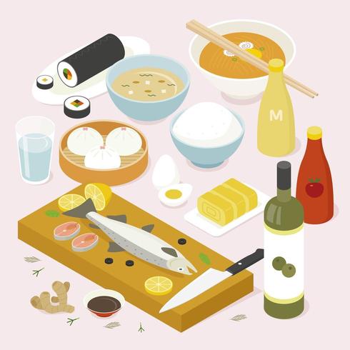 Collection of various Asian foods. vector