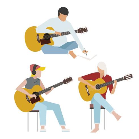 Guitarristas que tocan guitarras acústicas. vector