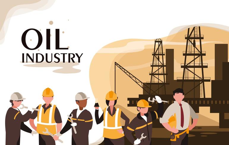 oil industry scene with marine platform and workers vector