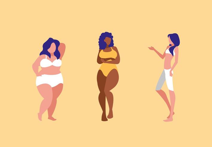 women of different sizes and races modeling underwear vector