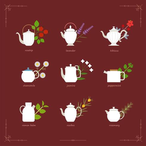 Menús de infusiones. Teteras elegantes en varias formas. vector