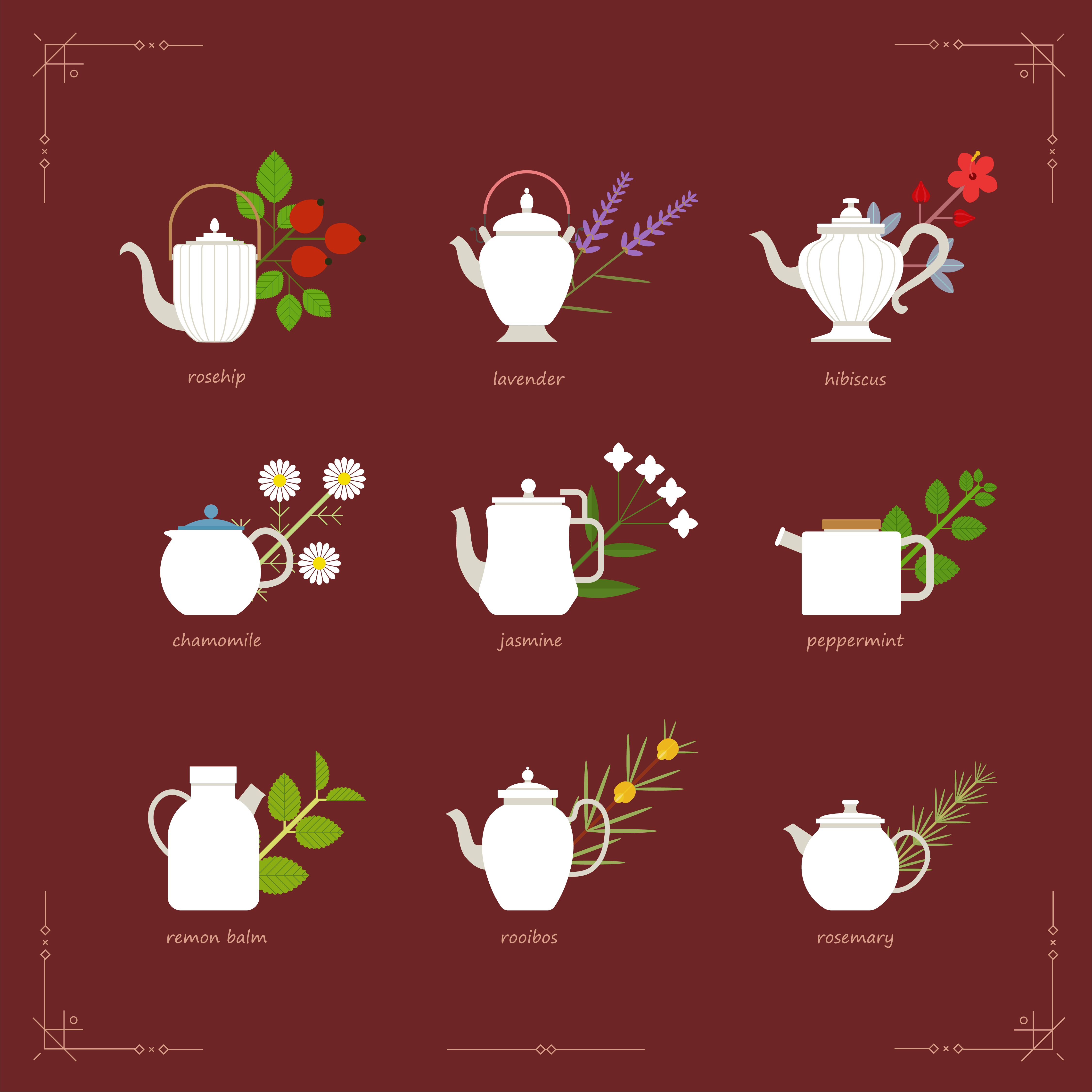 Herbal tea menus. Elegant teapots in various forms. 666937 Vector Art