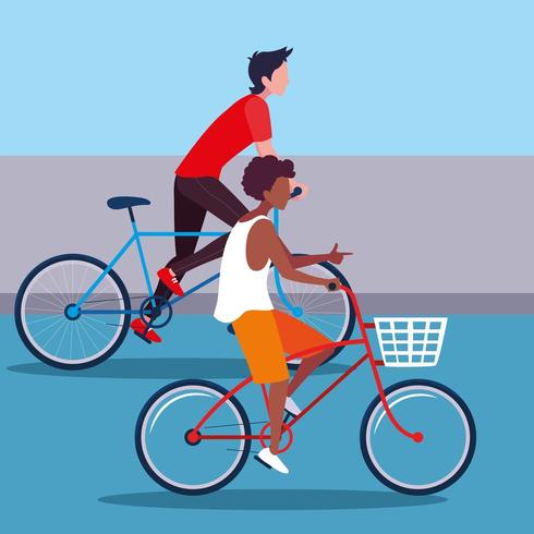 young men riding bikes  vector