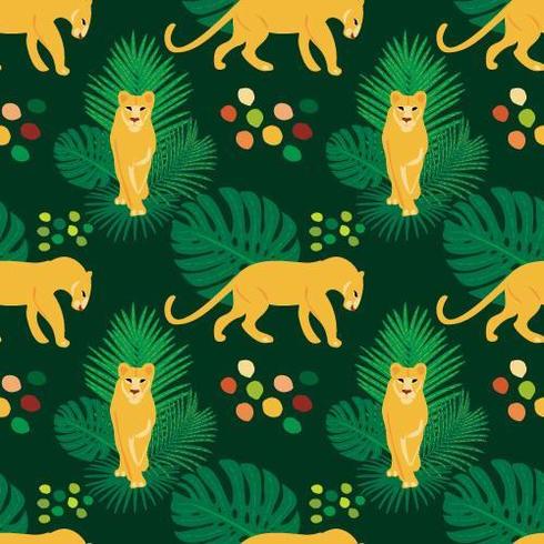 Vector hand drawn flat seamless pattern with lions and plants