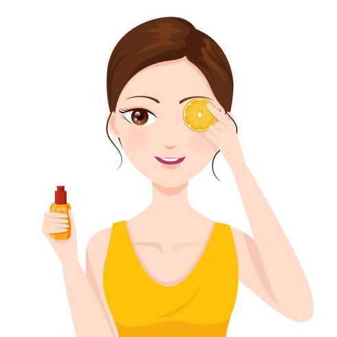 Mujer con vitamina C y cáscara de naranja vector