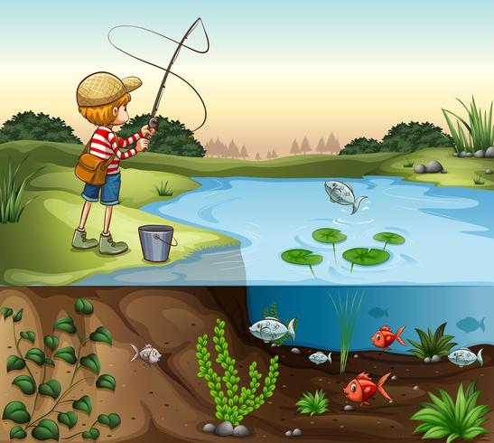Boy on the river bank fishing alone vector