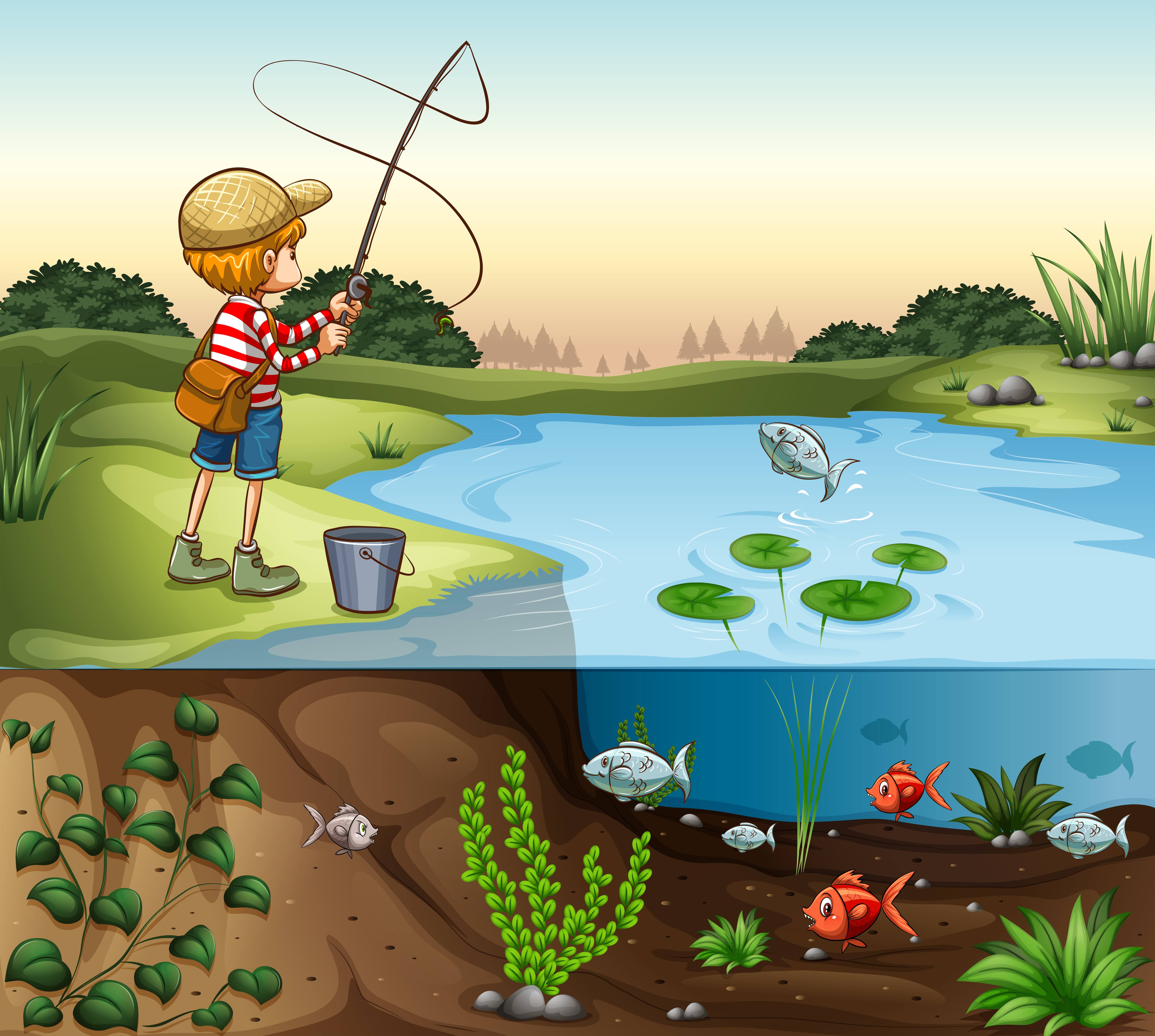 Boy on the river bank fishing alone 667063 Vector Art at Vecteezy