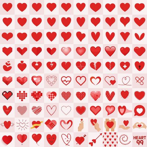 Colección de 99 corazones diferentes. vector