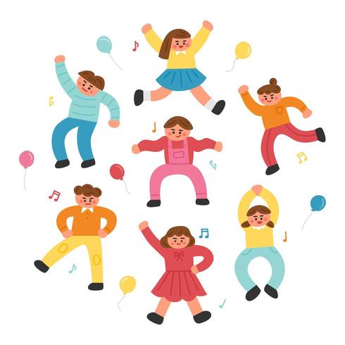 Conjunto de lindos niños bailando con la música vector