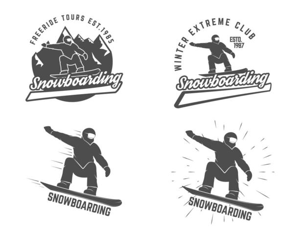 Conjunto de logotipo de snowboard de invierno, plantillas de etiquetas y elementos vector