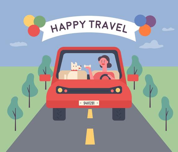 Women and Cute Dog Having a Happy Drive. vector