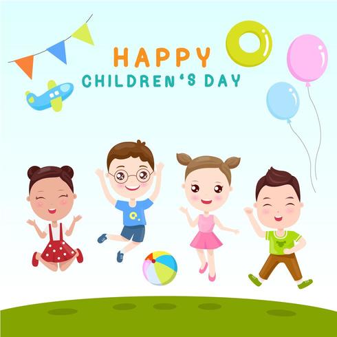 Niños felices saltando con texto de feliz día del niño vector