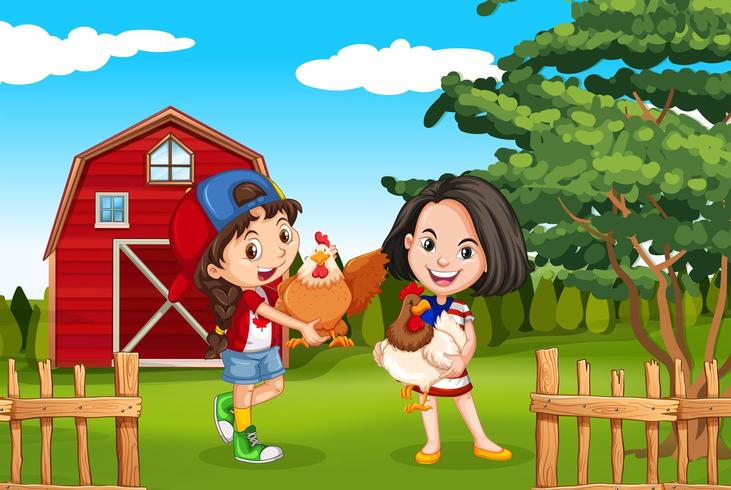 Dos chicas y pollo en la granja vector