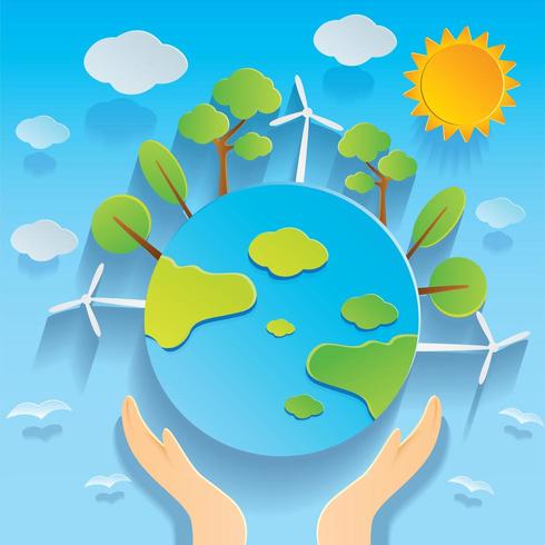 Hand Holding Globe Earth Day Image in Paper Cut Style vector