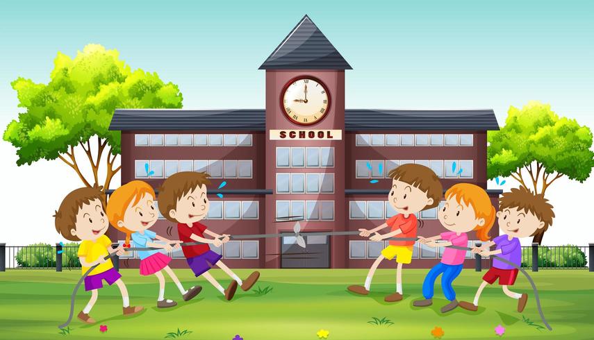 Children playing tug of war at school vector