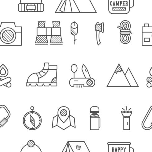 Campamento, viaje de patrones sin fisuras con estilo de icono de línea delgada vector