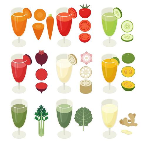 Diseño isométrico de bebidas vegetales en una taza de jugo. Iconos de vegetales. vector