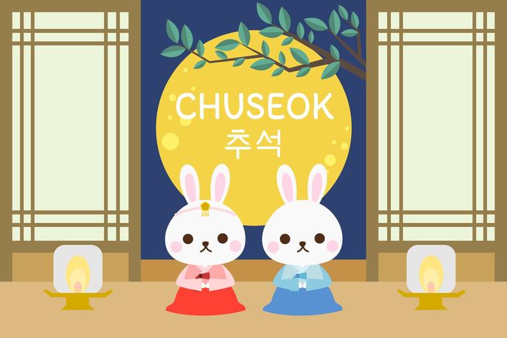 Chuseok festival con pareja conejo y luna llena de fondo. vector