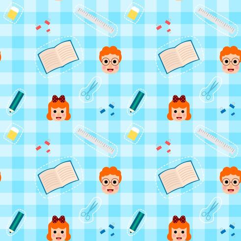 Seamless pattern school equipment list with boy and girl. vector