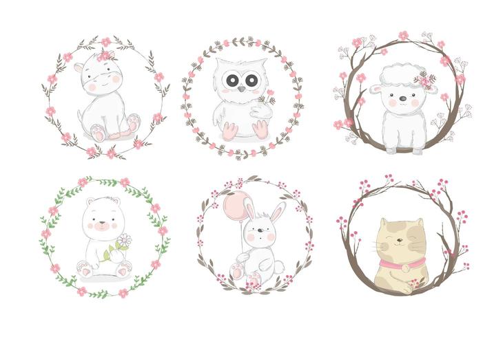 Baby Animals en marcos florales vector