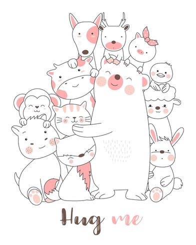 Hug Me Baby Animals Hand Drawn Printing Card vector