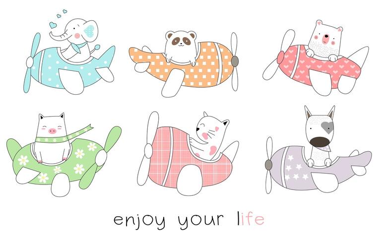 Cute Baby Animals in Planes Hand Drawn Set vector
