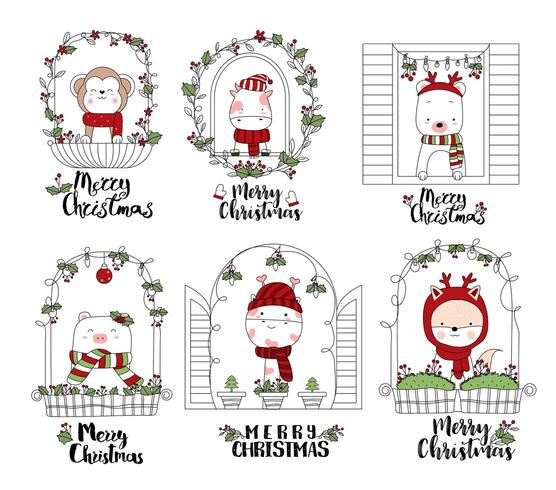 Merry Christmas Cute Animals in Festive Window Frames vector