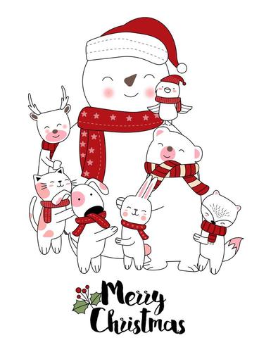 Merry Christmas Snowman Cute Animals Hand Drawn Card  vector