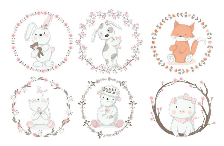 Animales lindos del bebé en marco floral vector