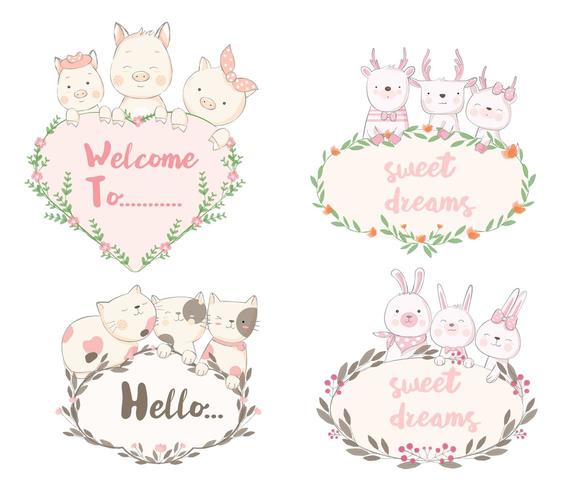 Hand Drawn Baby Animals Plantillas de felicitación vector