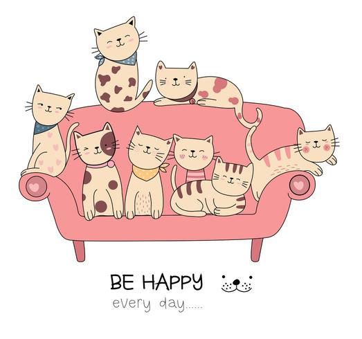 Be Happy Every Day Gatos Tarjeta dibujada a mano vector