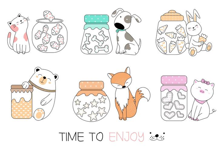 Set de tiempo para disfrutar de animales dibujados a mano vector