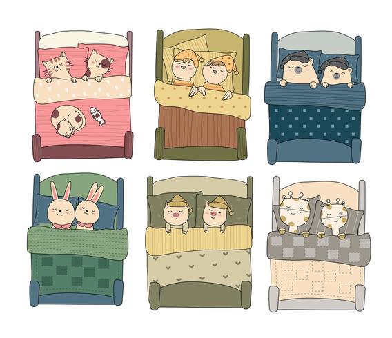 Cute Baby Animals in Bedroom Hand Drawn Set vector