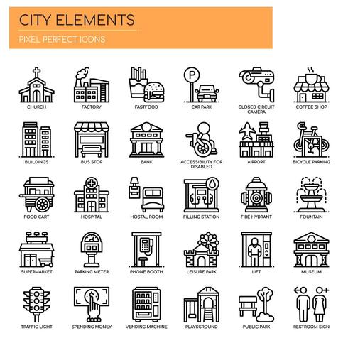 Conjunto de iconos de elementos de ciudad delgada línea blanco y negro vector