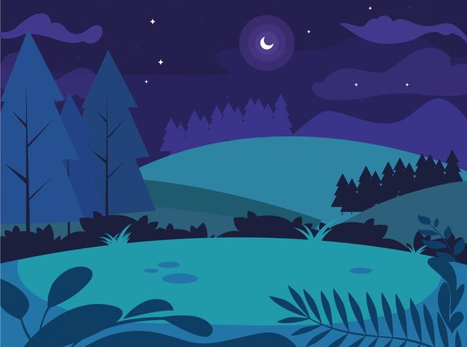 night landscape with pines trees scene  vector