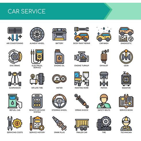 Conjunto de iconos de servicio de coche de línea fina de color vector