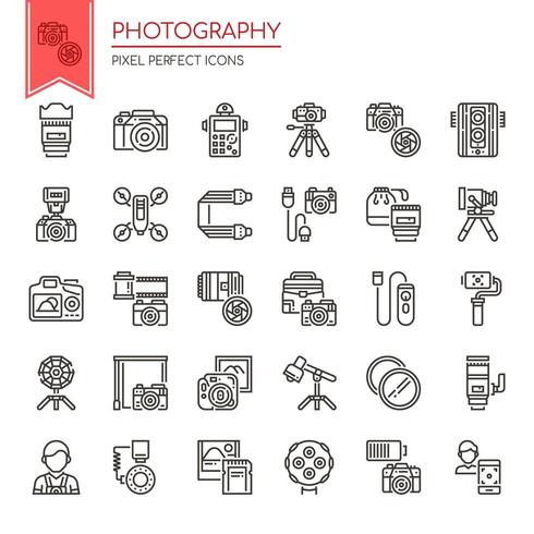 Set of Black and White Thin Line Photography Icons  vector
